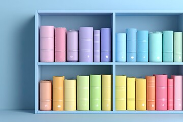 Pastel-colored books on a light-blue bookshelf