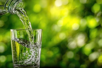 Water pouring from a bottle into a glass, vibrant green bokeh background