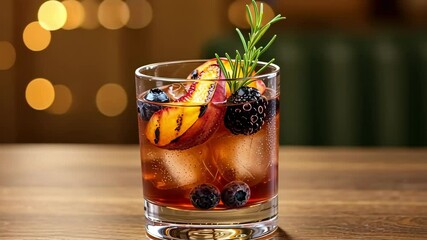 A refreshing cocktail garnished with peach and berries. - Powered by Adobe