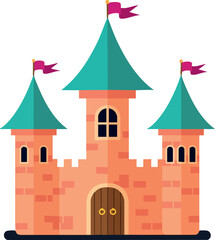 Fototapeta premium Castle with three towers and teal roofs vector illustration with flags