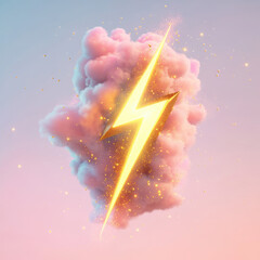 Golden lightning bolt striking through pink cloud with glitter and pastel background