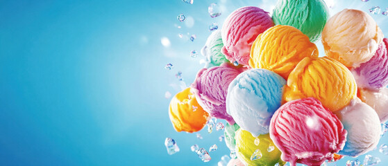 Ice cream scoops exploding on a refreshing blue background
