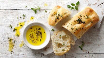 Flat lay of ciabatta bread torn in half, golden olive oil with herbs, on whitewashed wood background, minimalist rustic style