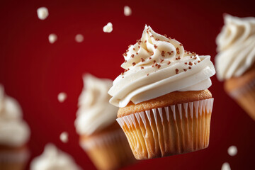 Delicious cupcakes floating on a red background with sprinkles falling
