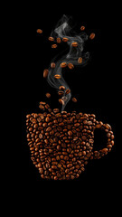 Coffee beans forming steaming cup against black background