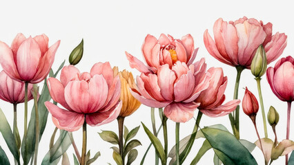Fototapeta premium Blush-toned petals float beside tender leaves, a quiet composition of nature’s, watercolor tones.
