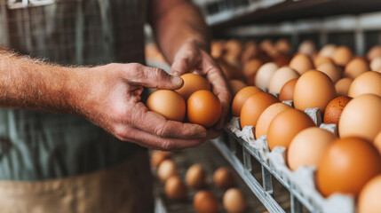 Farmer holding fresh brown eggs in chicken coop