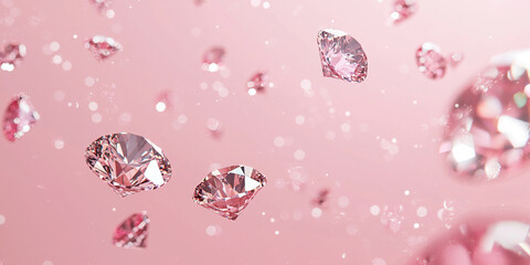 Pink diamonds falling on pink background with bokeh effect