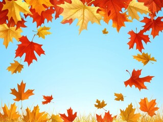 Fototapeta premium A vibrant autumn scene with falling maple leaves in red, orange, and yellow hues against a light blue sky and a touch of tan grass at the bottom, creating a natural frame