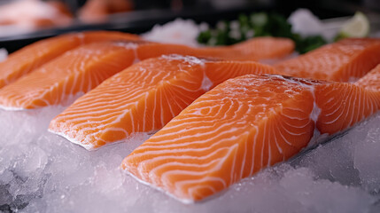 Fresh salmon fillets lying on ice in fish market display