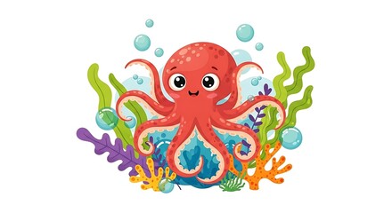 Cartoon octopus with big eyes surrounded by bubbles, seaweed, and coral on a white background.