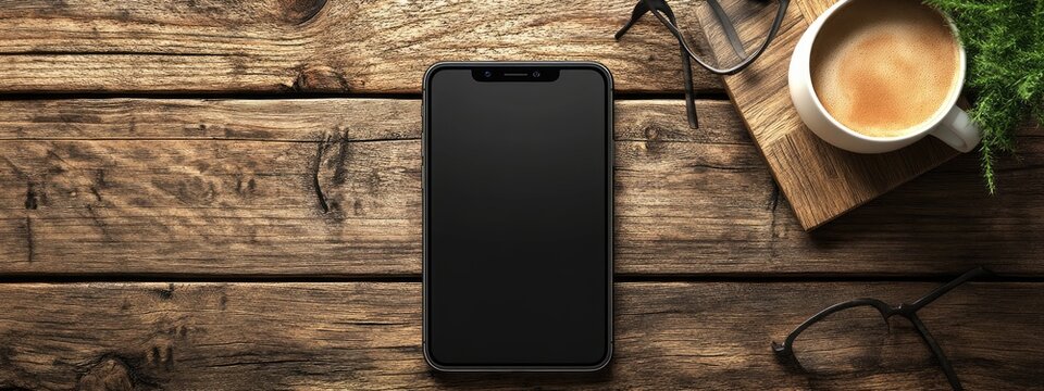 A smartphone rests on a rustic wooden table, accompanied by a cup of coffee and eyeglasses - Powered by Adobe