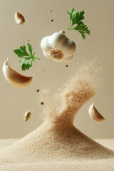 Garlic, parsley, pepper and cardamom floating above garlic powder mound
