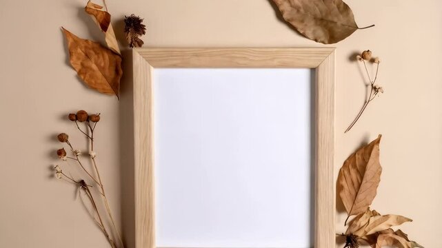 Empty wooden picture frame surrounded by autumn leaves and cotton flowers against beige background, flat lay for mockup template