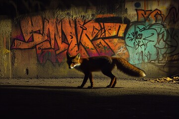 Urban fox walking among glowing graffiti