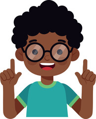 Smiling Afro Boy Wearing Glasses and Blue T Shirt Pointing Upwards Vector Illustration 