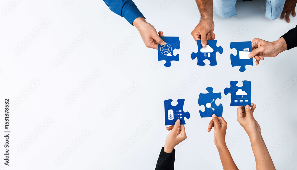 Fototapete Diverse hands collaborate to assemble a blue puzzle representing technology and cloud computing. Each piece features distinct icons, symbolizing innovation and teamwork. Amity