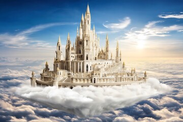 Fototapeta premium Majestic castle floats amidst clouds heavenward