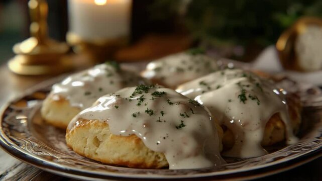 Freshly baked biscuits smothered in savory gravy and sauce, perfect for comfort food or rustic decor