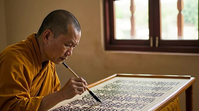 A monk practicing calligraphy with focused concentration.
