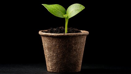 High quality photo of single sprout growing in an eco-friendly paper pot on a black background symbolizing the beginning of life and growth.