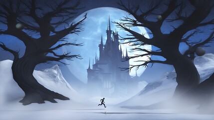 Winter escape towards moonlit castle fantasy