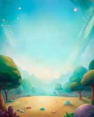 Fantasy landscape illustration featuring a serene forest background with vibrant colors and copy space