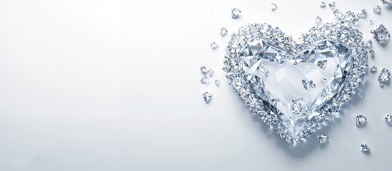 Sparkling diamonds forming a heart shape on white background