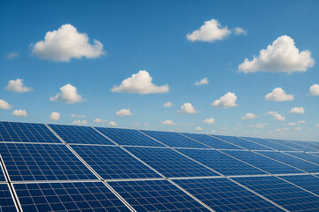 Wide view of a large-scale solar panel installation on a sunny day. Clean energy, sustainable technology, and green power generation for a better future.