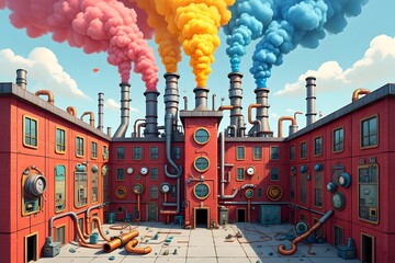 Whimsical Factory Complex with Multiple Tall Metal Smokestacks Emitting Vibrant Colored Smoke Plumes