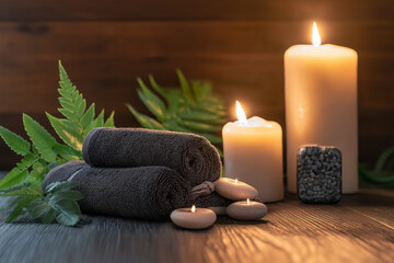 spa candles, towels, wellness and relaxation, nature, dark wood background, warm lighting, soft focus, peaceful, serene