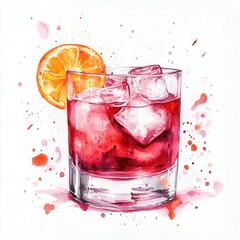 Boulevardier cocktail with ice cubes, lemon slice and red straw served in a clear lowball glass. Watercolor illustration on white background. Classic whiskey-based cocktail with bitters and vermouth.