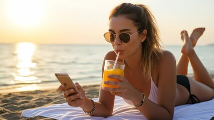 Woman Relaxing on Beach with Phone and Drink at Sunset - A young woman in a bikini lies on a beach towel - Powered by Adobe