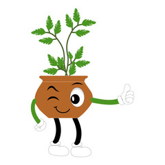 Smiling cartoon plant in pot with arms and legs, isolated plant potted sticker with cute face walking, funny psychedelic floral mascot with green leaf and smile, plant with arms and legs