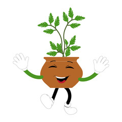 Smiling cartoon plant in pot with arms and legs, isolated plant potted sticker with cute face walking, funny psychedelic floral mascot with green leaf and smile, plant with arms and legs