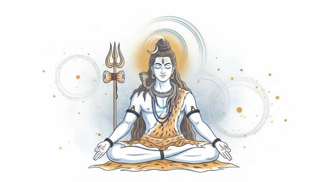 Animated illustrations of lord shiva meditating with trident and halo artistic spiritual design