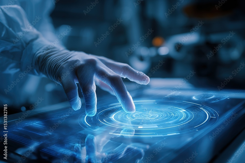Poster hand interacts with futuristic touchscreen display in a high-tech laboratory setting