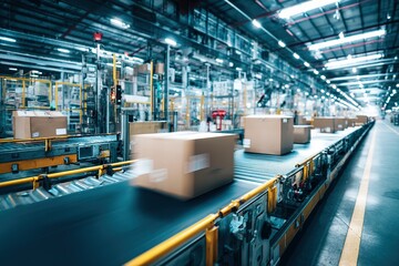 Automatic conveyor belt transports packages in modern warehouse during peak operational hours