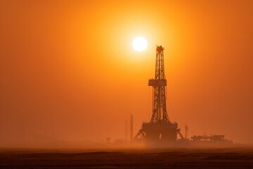 Oil drilling rig silhouette against a vibrant sunset in a desert landscape