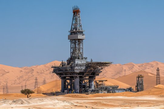 Oil drilling rig stands in the desert under clear blue sky with sand dunes in the background showcasing industrial activity in a remote location