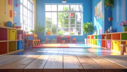 Bright and Colorful Classroom Interior with Wooden Table Viewpoint