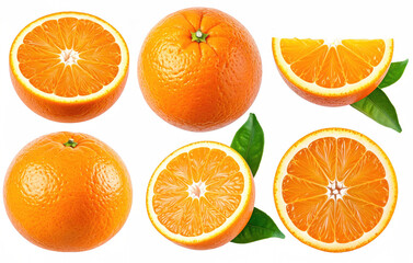 Fresh and Juicy Oranges Whole and Sliced with Green Leaves