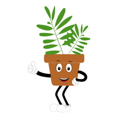 Smiling cartoon plant in pot with arms and legs, isolated plant potted sticker with cute face walking, funny psychedelic floral mascot with green leaf and smile, plant with arms and legs