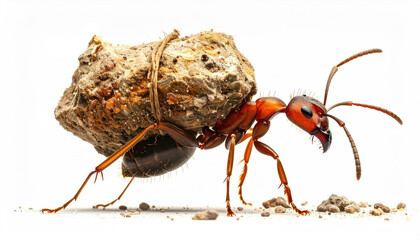 Ant Carrying Large Rock on White Background in Close-up View