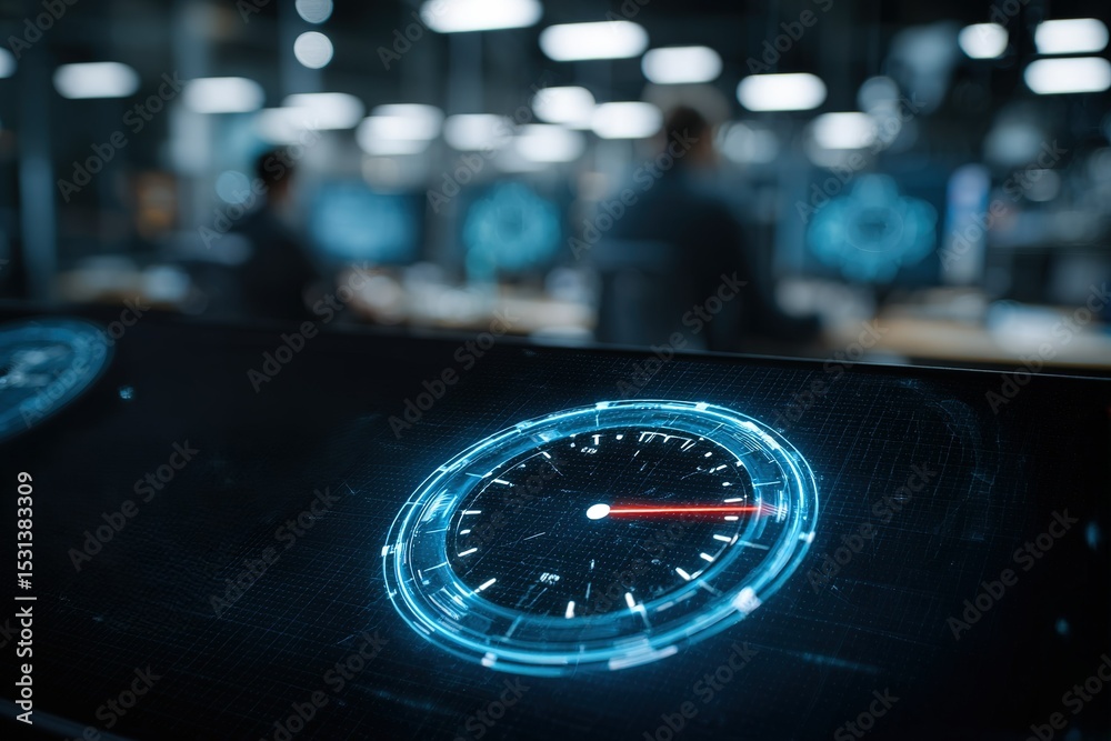 Poster high-tech dashboard display showing real-time metrics in a modern control room during daytime operat