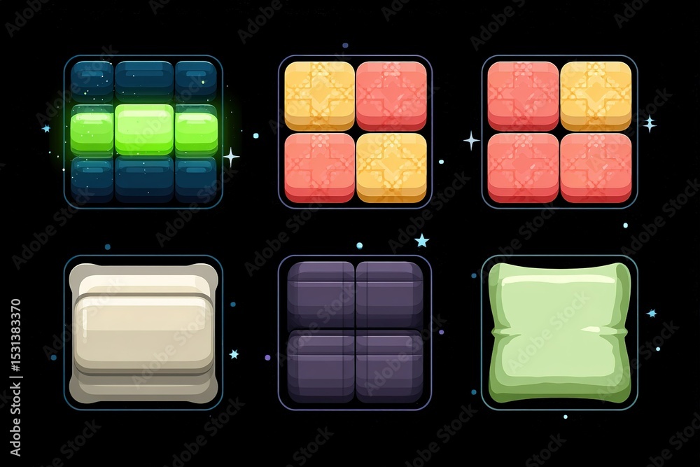 Poster colorful abstract blocks arranged in a grid pattern, showcasing various shapes and colors against a 
