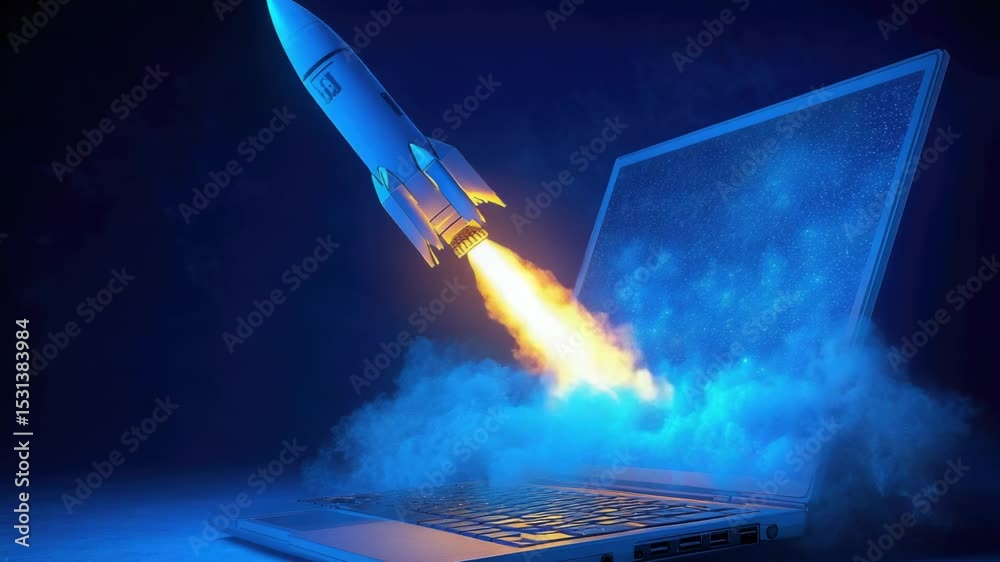Poster A futuristic concept image showing a laptop with a rocket ejection system, ideal for sci-fi or technology-related projects