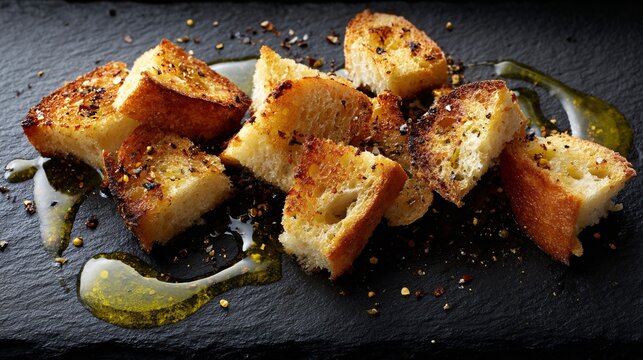 Toasted bread pieces and spiced olive oil on slate, rustic and contemporary merge