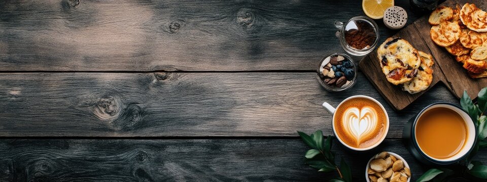 Dark wooden table with a breakfast spread of coffee, pastries, and tea. A latte art heart design is visible on top of a cup of coffee