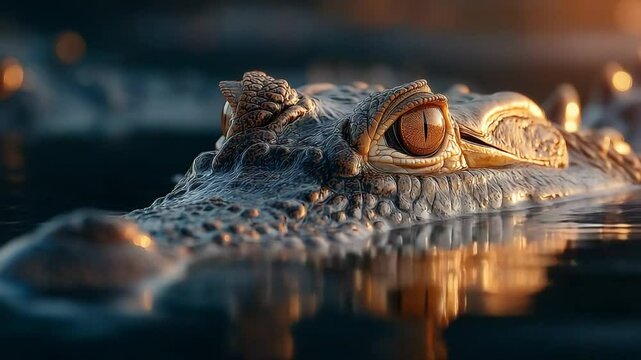 Close-Up of a Crocodile's Head Emerging from Water with Reflections and Golden Light